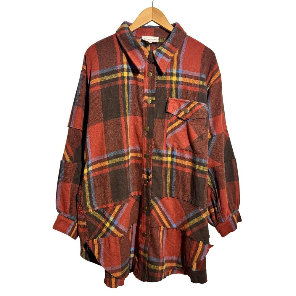 Oli & Hali Plaid Flannel Patchwork Oversized Women XL Orange Cabincore Western